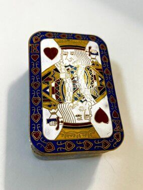 Vintage King of Hearts Cloisonné Brass Enameled Trinket Box - 4" x 2¾" x 1¾